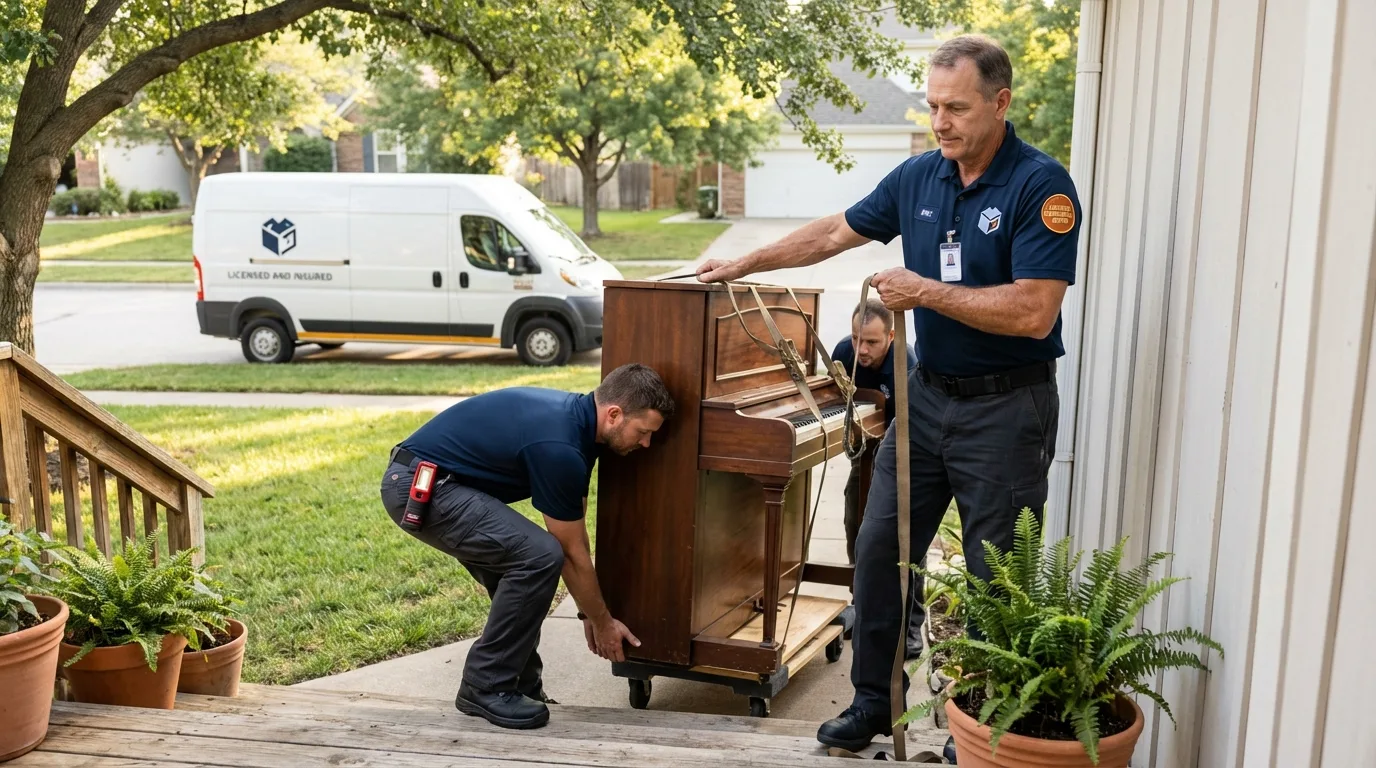 Licensed piano movers securing grand piano in Barry, IL