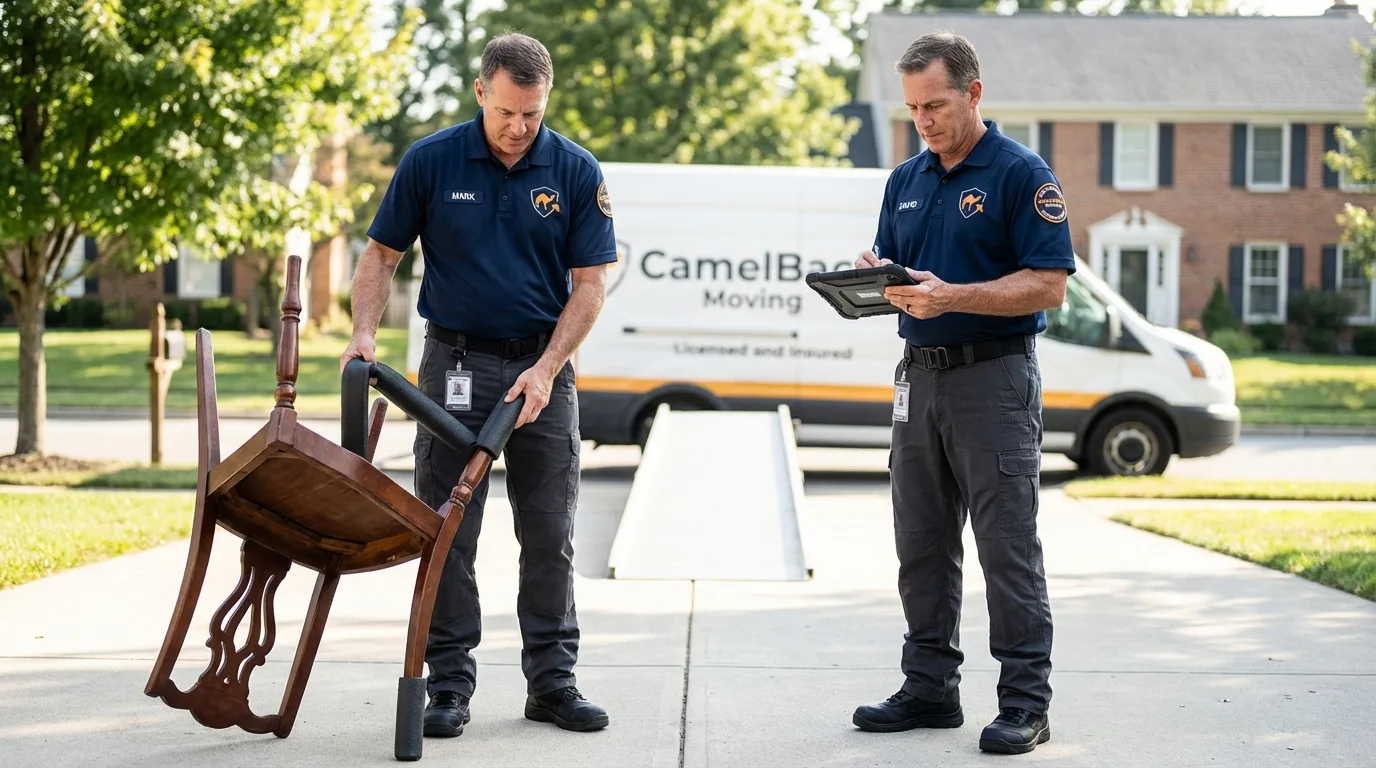 Movers inspecting furniture for damage prevention before loading in Barry, IL
