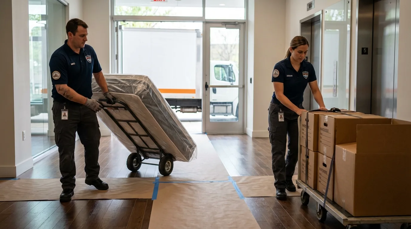 Professional apartment movers loading elevator in Barry, IL